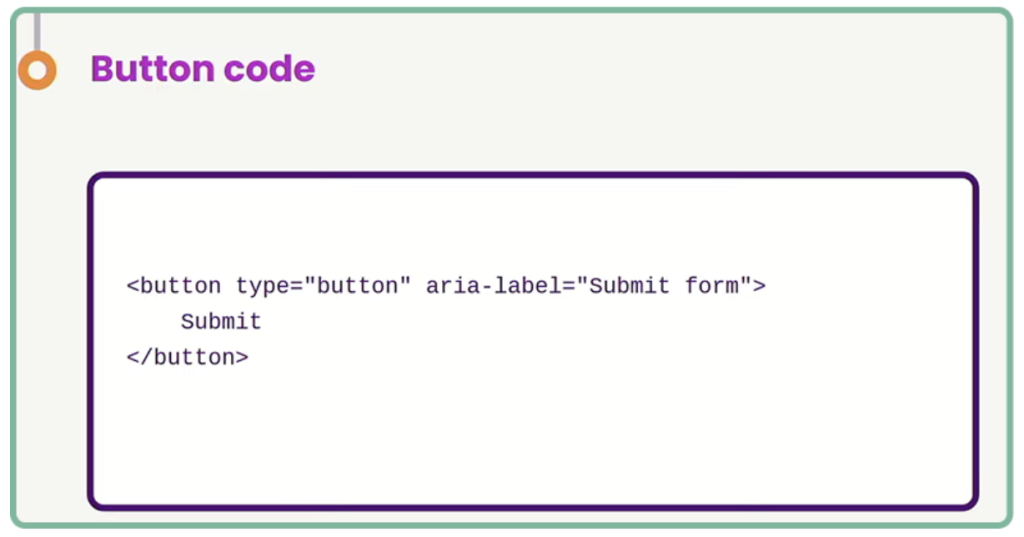 A block of code showing an inaccessible button with the type of button being used as a submit button on a form.